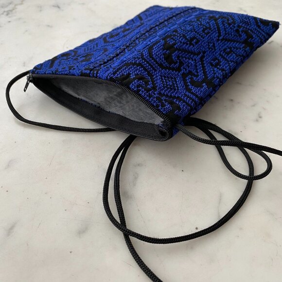 Blue Black Cottagecore Boho Fabric Crossbody Pouch Zipper - Picture 9 of 10